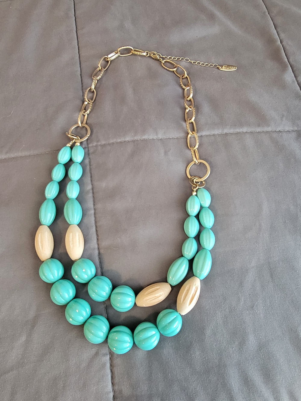 Plunder "TRIXIE" Gold Chain Turquoise and Cream Bead Double Strand Necklace